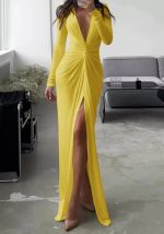 This Solid Color Summer Fashion Sexy Slit v Neck Long Sleeves Solid Slim Pleated Dress Design Made Of Good Quality Polyster And Spandex Material