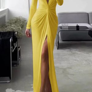 This Solid Color Summer Fashion Sexy Slit v Neck Long Sleeves Solid Slim Pleated Dress Design Made Of Good Quality Polyster And Spandex Material