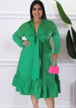 This Solid Lace-Up Bow Shirt Sleeves Loose Casual Ruffle Plus Size Dress Made Of Soft And Elastic Fabric. Global Lover Wholesale Plus Size Dresses And Hope Curvy Ladies Find Here a Warm And Exciting Place To Shop Affordable Curvy Dresses Online - Plus Size Casual