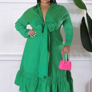 This Solid Lace-Up Bow Shirt Sleeves Loose Casual Ruffle Plus Size Dress Made Of Soft And Elastic Fabric. Global Lover Wholesale Plus Size Dresses And Hope Curvy Ladies Find Here a Warm And Exciting Place To Shop Affordable Curvy Dresses Online - Plus Size Casual