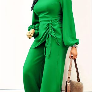 This Solid Long Sleeve Drawstring Jumpsuit Design Made Of High Quality Polyster And Spandex Material. It Is Stretchy