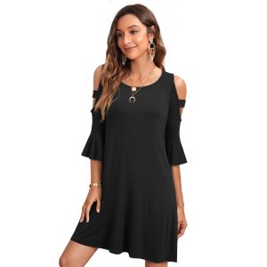 This Solid Round Neck Cutout Ripped Bell Bottom Half Sleeve a-Line Dress Design Made Of High Quality Polyster And Spandex Material. It Is Stretchy