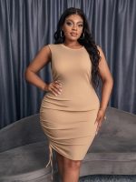 This Solid Sleeveless Drawstring Bodycon Plus Size Dress Made Of Soft And Elastic Fabric. Global Lover Wholesale Plus Size Dresses And Hope Curvy Ladies Find Here a Warm And Exciting Place To Shop Affordable Curvy Dresses Online - Plus Size Casual