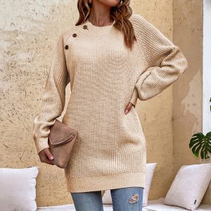 This Solid Color Button Knitting Dress Women's Autumn And Winter Lantern Sleeve Sweater Women Combine The Warm And Fashion. It Is a Must-Have Item For This Winter. Sweater Dresses For Women At Global Lover Comes For Different Occasions - Daily Life