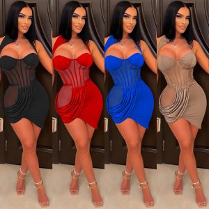 This Solid Color Mesh See-Through Cut Out Pleated Irregular Dress Women Design Made Of High Quality Polyster And Spandex Material