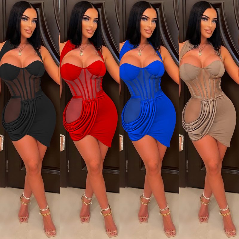 This Solid Color Mesh See-Through Cut Out Pleated Irregular Dress Women Design Made Of High Quality Polyster And Spandex Material