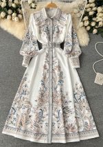 This Spring And Autumn Lantern Sleeves Turndown Collar Single-Breasted Button Printed Dress Women Slim Waist Swing Long Dress Design Made Of High Quality Polyster And Spandex Material