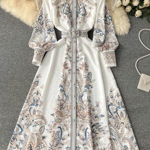 This Spring And Autumn Lantern Sleeves Turndown Collar Single-Breasted Button Printed Dress Women Slim Waist Swing Long Dress Design Made Of High Quality Polyster And Spandex Material