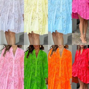 This Spring And Summer Solid Color v-Neck Loose Embroidered Hollow Lace Dress Design Made Of High Quality Polyster And Spandex Material. It Is Stretchy