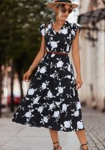 This Spring And Summer Women's v-Neck Floral Printed Casual Long Dress Design Made Of High Quality Polyster And Spandex Material