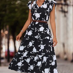 This Spring And Summer Women's v-Neck Floral Printed Casual Long Dress Design Made Of High Quality Polyster And Spandex Material