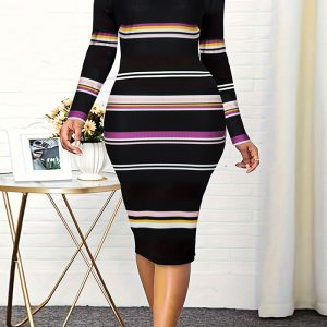 This Spring And Winter Round Neck Striped Long-Sleeved Knitting Dress For Women Combine The Warm And Fashion. It Is a Must-Have Item For This Winter. Sweater Dresses For Women At Global Lover Comes For Different Occasions - Daily Life