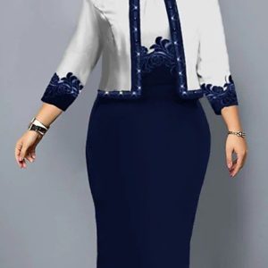 This Spring Autumn 3/4 Sleeve Digital Printing Two-Piece Suits Plus Size Women's Bodycon Dress Coat Set Design Made Of High End Polyster And Spandex Material