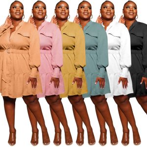 This Spring Autumn Solid Round Neck Single Breasted Plus Size Women's Long Sleeve Pleated Shirt Dress Made Of Soft And Elastic Fabric. Global Lover Wholesale Plus Size Dresses And Hope Curvy Ladies Find Here a Warm And Exciting Place To Shop Affordable Curvy Dresses Online - Plus Size Casual