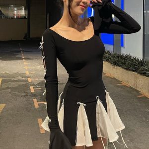 This Spring Bow Lace-Up Bell Bottom Long Sleeve Dress Design Made Of High Quality Polyster And Spandex Material. It Is Stretchy