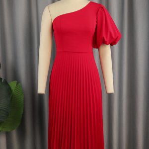 This Spring Casual One Shoulder Slash Shoulder Pleated Spring Puff Sleeve Midi Dress Design Made Of High Quality Polyster And Spandex Material. It Come With Good Stretch And Wearing Comfortable. Women¡¯s Midi Dresses Is Omnipotent And Suit For All Kinds Of Occasions - Daily Wear