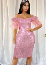 This Spring Fall Off Shoulder Sequin Slit Party Dress Design Made Of Good Quality Polyster And Spandex Material