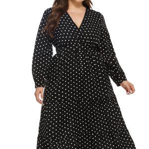 This Spring Fashion Loose Plus Size Women's v-Neck Long Sleeve Polka Dot Dress Made Of Soft And Elastic Fabric. Global Lover Wholesale Plus Size Dresses And Hope Curvy Ladies Find Here a Warm And Exciting Place To Shop Affordable Curvy Dresses Online - Plus Size Casual