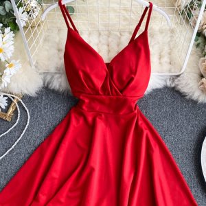 This Spring Feminine v-Neck Low Back Slim Waist High Waist Slim Fit Solid Color Straps Basic a-Line Dress Design Made Of High Quality Polyster And Spandex Material. It Is Stretchy