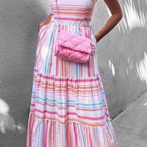 This Spring Ladies Fashion Chic Stripe Strap Maxi Dress Design Made Of High Quality Polyster And Spandex Material