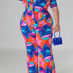 This Spring Ladies Print Plus Size Short Sleeve Shirt Trousers Casual Ladies Set Design And Made Of Comfortable And Elastic Fabric. Wholesale Plus Size Two Piece Sets Is a Must-Have Item For Curvy Ladies. Two Piece Sets Can Either Be Worn Together Or Individually