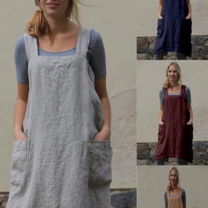 Dieser Frühling Leinen Schürze Lange Schürze Loungewear Loose Long Dress Design aus hochwertigem Polyster und Spandex Material. Es ist dehnbar