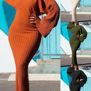 This Spring Long Sleeve Solid Color Ribbed Bodycon Dress Design Made Of High Quality Polyster And Spandex Material. It Come With Good Stretch And Wearing Comfortable. Women¡¯s Midi Dresses Is Omnipotent And Suit For All Kinds Of Occasions - Daily Wear