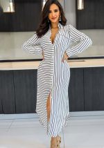 This Spring Long Sleeve Striped Printed Loose Casual Maxi Dress Design Made Of High Quality Polyster And Spandex Material