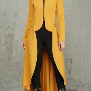 This Spring Long-Sleeved High-Neck Slim Zipper Irregular Long Dress Design Made Of High Quality Polyster And Spandex Material. It Is Stretchy