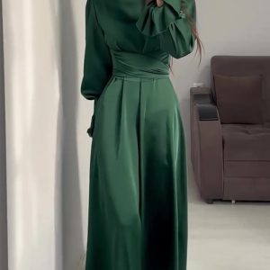 This Spring Long-Sleeved Slim Waisted Puff-Sleeved Green Dress Design Made Of High Quality Polyster And Spandex Material