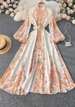 This Spring New Retro Court Style Print Lantern Sleeves Stand Collar Single-Breasted High Waist Swing Dress Long Dress Design Made Of High Quality Polyster And Spandex Material