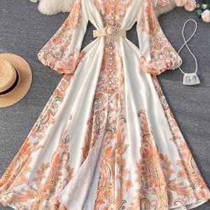 This Spring New Retro Court Style Print Lantern Sleeves Stand Collar Single-Breasted High Waist Swing Dress Long Dress Design Made Of High Quality Polyster And Spandex Material