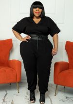 This Spring Plus Size Women's Solid Short Sleeve v-Neck Jumpsuit Design Made Of High Quality Polyster And Spandex Material. It Is Stretchy