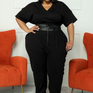 This Spring Plus Size Women's Solid Short Sleeve v-Neck Jumpsuit Design Made Of High Quality Polyster And Spandex Material. It Is Stretchy