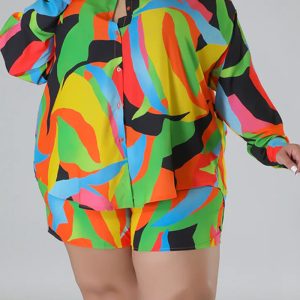 This Spring Print Turndown Collar Plus Size Shirt Shorts Casual Ladies Two Piece Set Design And Made Of Comfortable And Elastic Fabric. Wholesale Plus Size Two Piece Sets Is a Must-Have Item For Curvy Ladies. Two Piece Sets Can Either Be Worn Together Or Individually