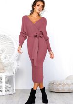 This Spring Sexy v-Neck Lace-Up Long-Sleeved Women's Dress Design Made Of High Quality Polyster And Spandex Material. It Come With Good Stretch And Wearing Comfortable. Women¡¯s Midi Dresses Is Omnipotent And Suit For All Kinds Of Occasions - Daily Wear