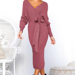 This Spring Sexy v-Neck Lace-Up Long-Sleeved Women's Dress Design Made Of High Quality Polyster And Spandex Material. It Come With Good Stretch And Wearing Comfortable. Women¡¯s Midi Dresses Is Omnipotent And Suit For All Kinds Of Occasions - Daily Wear