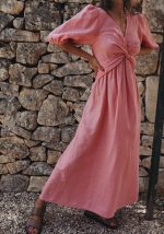 This Spring Solid Chic High Waisted Slim Fit v-Neck Puff Sleeve Maxi Dress Design Made Of High Quality Polyster And Spandex Material