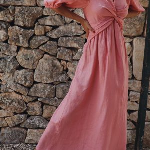 This Spring Solid Chic High Waisted Slim Fit v-Neck Puff Sleeve Maxi Dress Design Made Of High Quality Polyster And Spandex Material