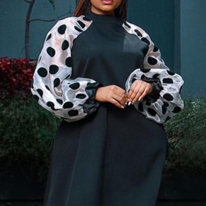 This Spring Stand Collar Lantern Sleeve Polka Dot Dress Career Comfortable Puff Sleeve a-Line Dresses Design Made Of High Quality Polyster And Spandex Material. It Is Stretchy