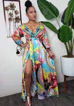 This Spring Summer Aunt Women's Sexy Printed Straps Long Sleeve Slit Maxi Dress Design Made Of High Quality Polyster And Spandex Material