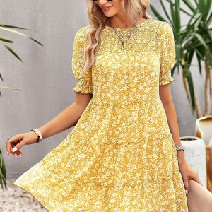 This Spring Summer Bohemian Chiffon Print Slim Waist Short Sleeve Casual Dress Design Made Of High Quality Polyster And Spandex Material. It Is Stretchy