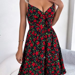 This Spring Summer Casual Floral Bow Ruffle Edge Strap Dress Design Made Of High Quality Polyster And Spandex Material. It Is Stretchy