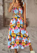 This Spring Summer Chic Elegant Floral Straps Casual Midi Dress Design Made Of High Quality Polyster And Spandex Material