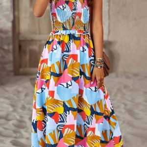 This Spring Summer Chic Elegant Floral Straps Casual Midi Dress Design Made Of High Quality Polyster And Spandex Material