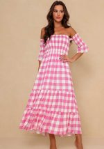 This Spring Summer Chic Off Shoulder Plaid Printed Low Back a-Line Casual Dress Design Made Of High Quality Polyster And Spandex Material