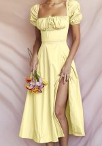 This Spring Summer Dress Women's Slimming Off Shoulder Puff Sleeve Tie Slit Long Dress Design Made Of High Quality Polyster And Spandex Material. It Come With Good Stretch And Wearing Comfortable. Women¡¯s Midi Dresses Is Omnipotent And Suit For All Kinds Of Occasions - Daily Wear