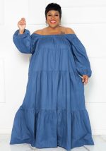 This Spring Summer Fall Plus Size Solid Denim Ladies Oversized Ruffle Off Shoulder Dress Made Of Soft And Elastic Fabric. Global Lover Wholesale Plus Size Dresses And Hope Curvy Ladies Find Here a Warm And Exciting Place To Shop Affordable Curvy Dresses Online - Plus Size Casual