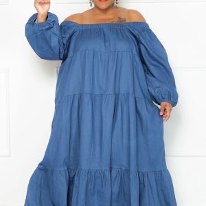 This Spring Summer Fall Plus Size Solid Denim Ladies Oversized Ruffle Off Shoulder Dress Made Of Soft And Elastic Fabric. Global Lover Wholesale Plus Size Dresses And Hope Curvy Ladies Find Here a Warm And Exciting Place To Shop Affordable Curvy Dresses Online - Plus Size Casual