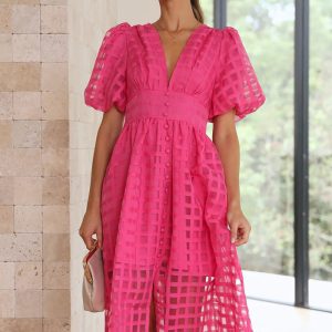 This Spring Summer Fashion Solid Balloon Sleeve a-Line Casual Party Dress For Women Design Made Of High Quality Polyster And Spandex Material. It Is Stretchy